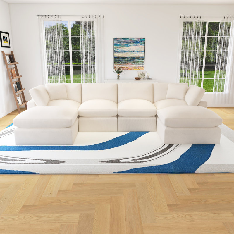 Grand canapé modulaire moderne en forme de U avec repose-pieds amovible, H 35,4 po x l 134,4 po x P 59,1 po, Coton beige