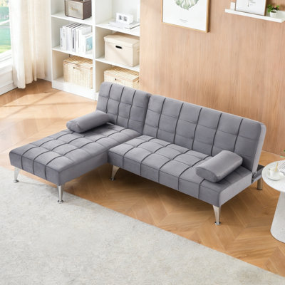 Canapé-lit modulaire réversible en L avec méridienne, revêtu de velours, structure en bois massif, pour la maison / le bureau, gris