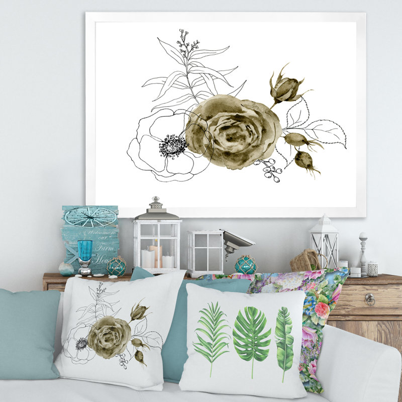 Anémone Bouquet de fleurs avec branches d'eucalyptus I - Peinture sur toile, H 30 po x l 40 po x 1,5 po, Cadre photo blanc