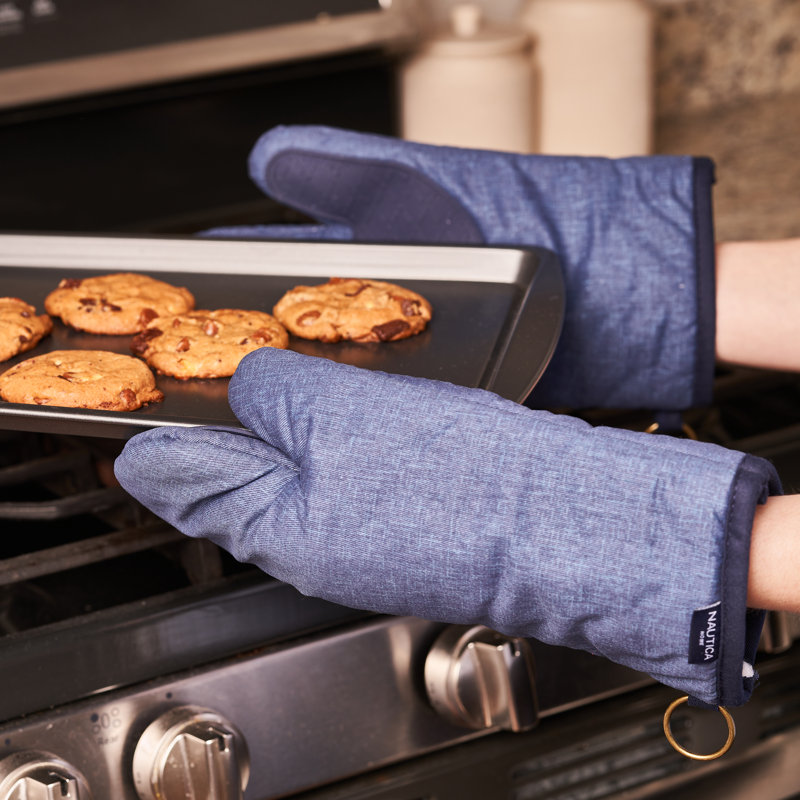 Navy Cotton Oven Mitts with Silicone Palm, Set of 2