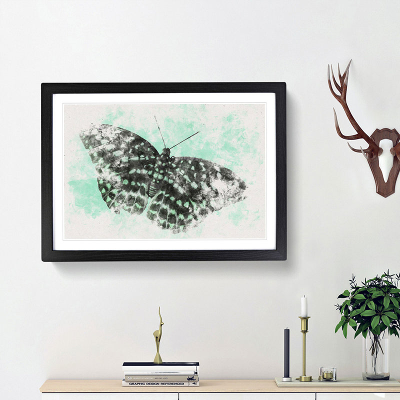 Mint Green Butterfly Art Watercolour - Picture Frame Graphic Art Print, 24cm H x 33cm W x 2cm D, Black Framed