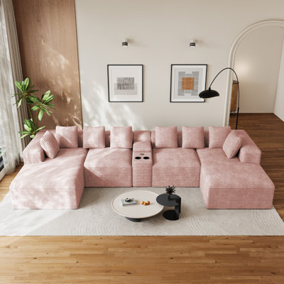 Boneless 143"W 5 - Piece No Assembly Required Sectional Sofa With Chaises, Console & Cup Holder