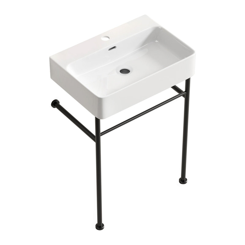 Lavabo de salle de bain autoportant 24 po * 16,5 po * 34,65 po avec pieds en acier inoxydable et support mural en céramique cuve blanche