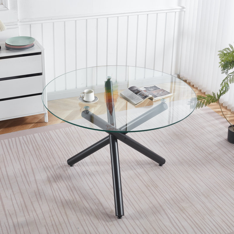 Round Dining Table with metal leg and tempered glass,Modern Space Saving Kitchen Table for Living Room, Black