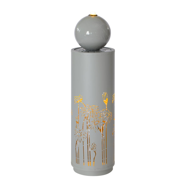 34.25"H Light Gray Metal Cutout Outdoor Water Fountain With LED Lights, Modern Freestanding Sphere-Top Water Feature For Patio Garden Backyard Decor