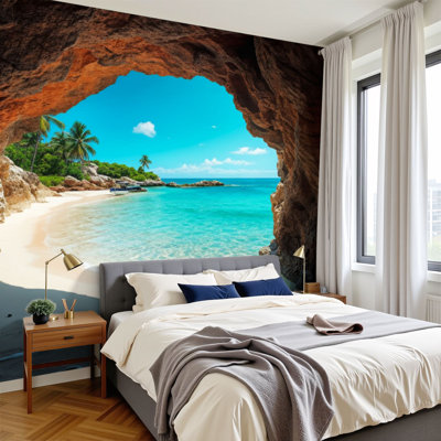 Papier peint adhésif auto-adhésif moderne l 144 po x H 100 po pour chambre à coucher Plage tropicale, océan, sable blanc, palmiers, paysage côtier