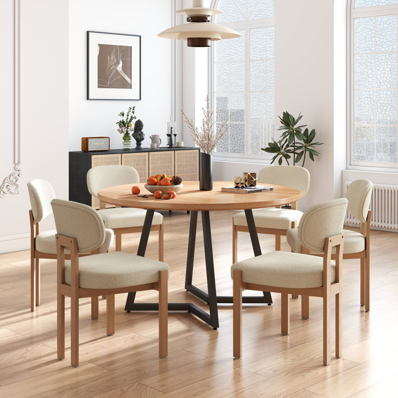 47.2 Inch Round Dining Table Set, Beige, 7, Natural/Black