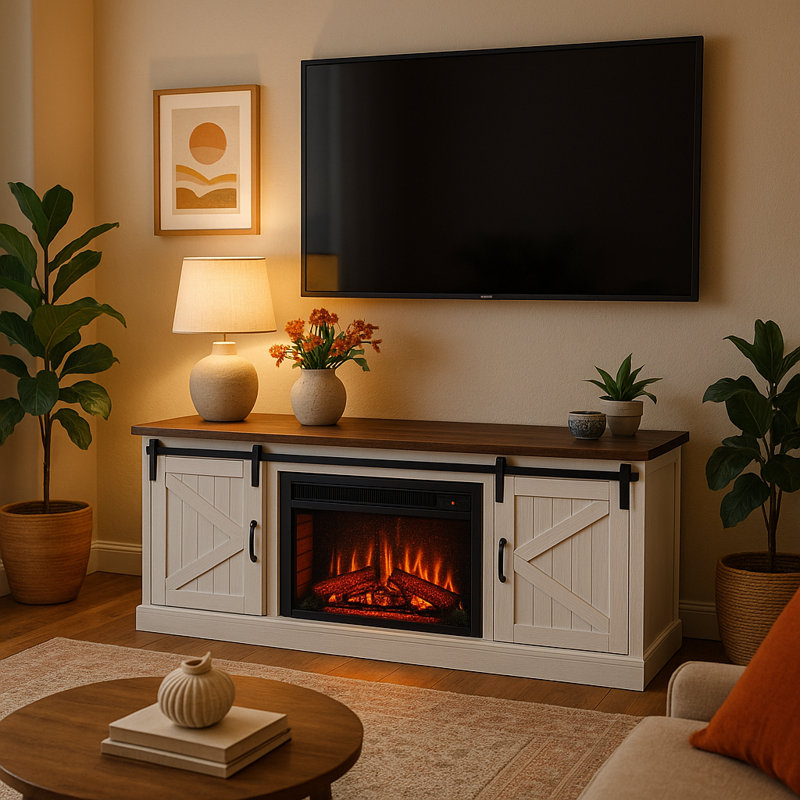 Deshanta 67" Farmhouse TV Stand With Electric Fireplace For 75 Inch TV, Media Console With Sliding Barn Doors, Timer & Wood Storage Cabinet