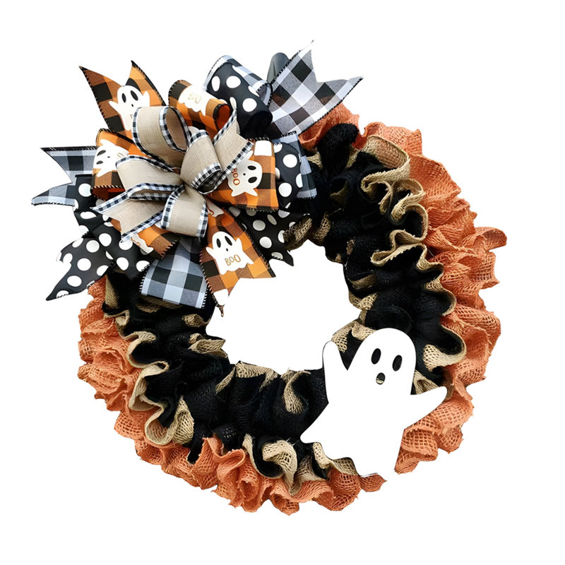 Couronne de campagne fantôme 15,7 pouces en toile de jute avec nœud BOO écossais, décoration murale d'Halloween porte d'entrée rustique