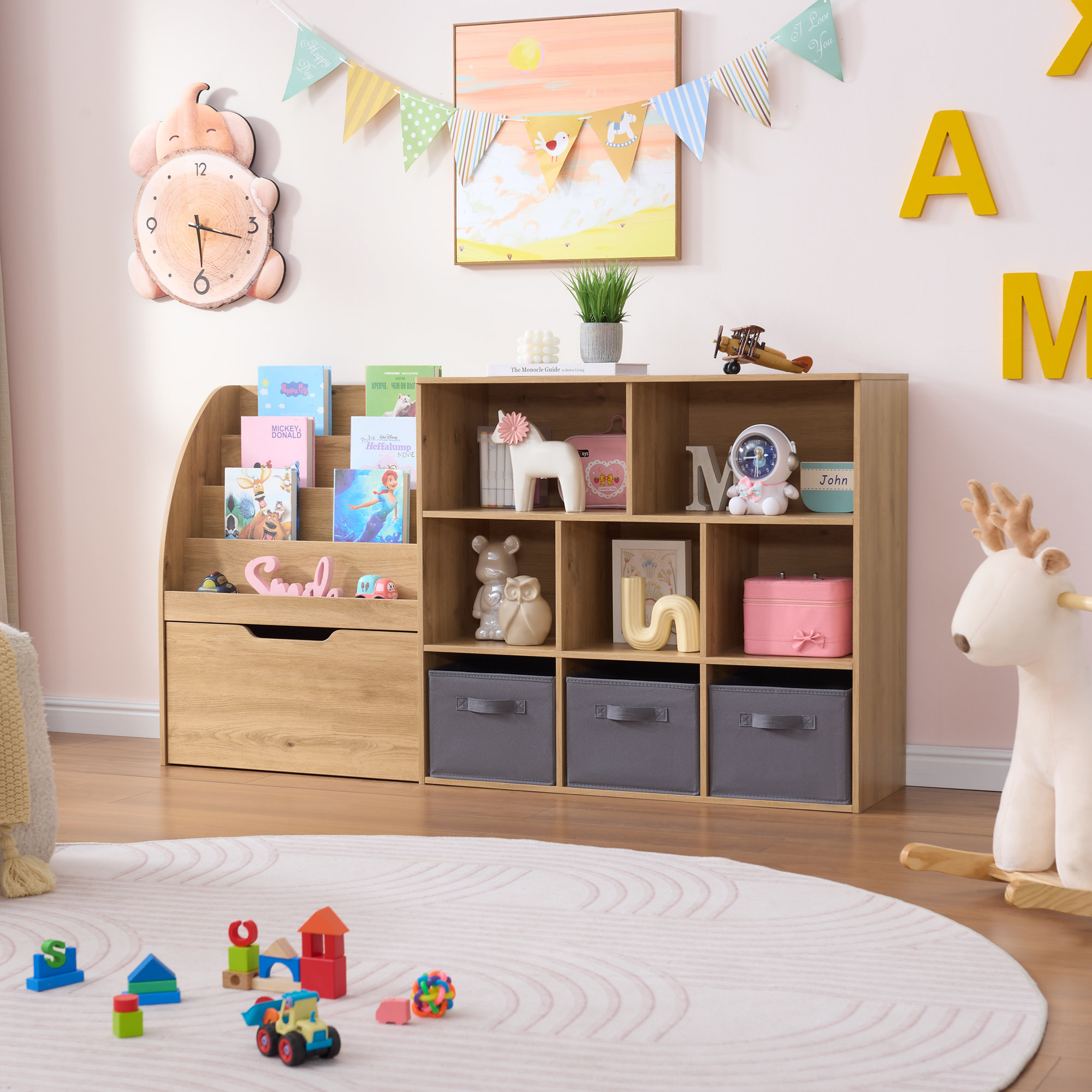 Isabelle & Max Kids Toy Organizer and Bookshelf, 67" Storage with Drawers and 5 Cubbies, Playroom Reading Nook