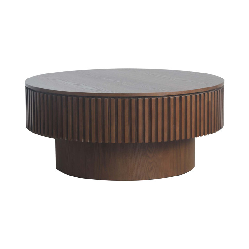 31.5" Modern Round Coffee Table With Storage Solid Wood Veneered Coffee Table Accent Tea Table, Walnut