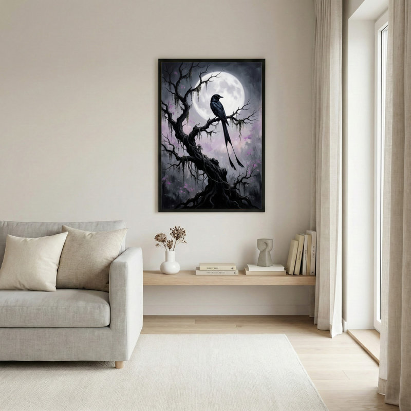 Toile noire encadrée en bois noir pour salon, chambre à coucher, bureau ou vestibule - décoration murale décorative avec arbre au clair de lune