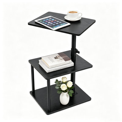 Table de chevet pivotante en forme de C avec hauteur réglable (45,7–83,8 cm) et 3 niveaux de rangement, plateau pivotant à 360° pour canapé ou salon – Noir