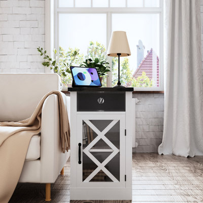 Table de bout longue de 22,37 po de long avec 2 prises et ports AC, prises de couleur blanche, trous de cordon pour ports, finition