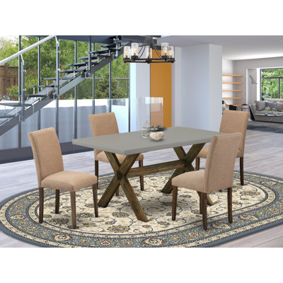 5 Piece Dining Table Set for 4 Includes a Rectangle Kitchen Table with X-Legs and 4 Light Sable Linen Fabric Parson Dining Chairs, Distressed Jacobean