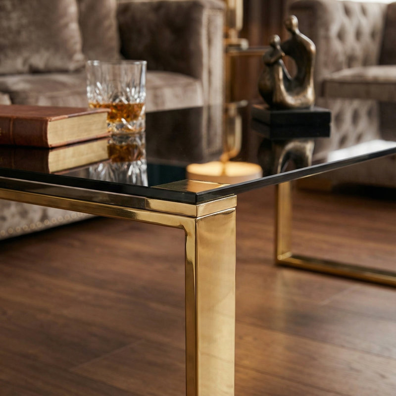 Mitre Coffee Table, Gold Metal and Black Glass