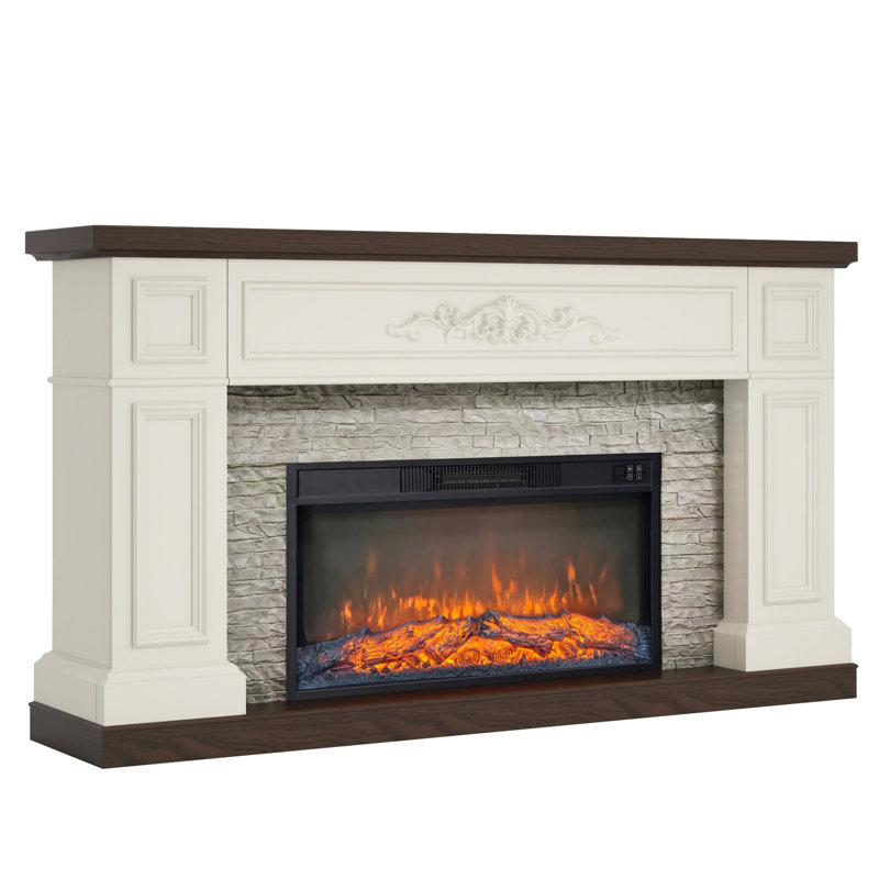 60” Rustic Solid Wood Electric Fireplace Mantel with 30” Firebox Insert & Stacked Stone Accents, Antique White