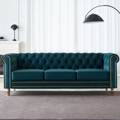 Gevon Velvet Roll Arm Sofa, Chesterfield Sofa for Living Room Upholstered with Smooth,Breathable Fabric