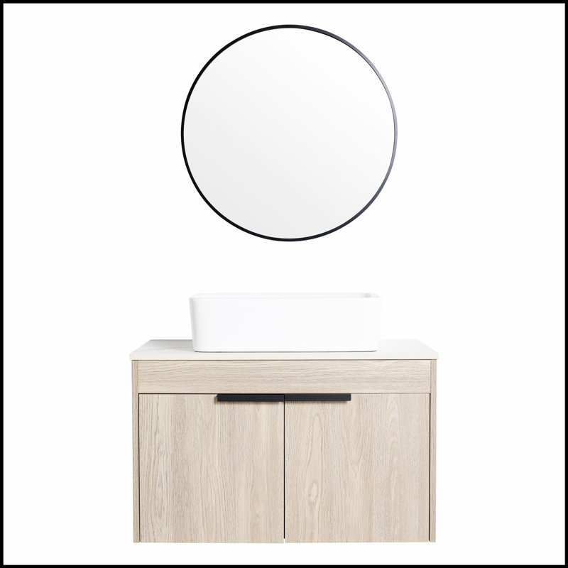 Meuble-lavabo mural moderne en chêne blanc avec lavabo en céramique, rangement spacieux pour des salles de bain élégantes et fonctionnelles