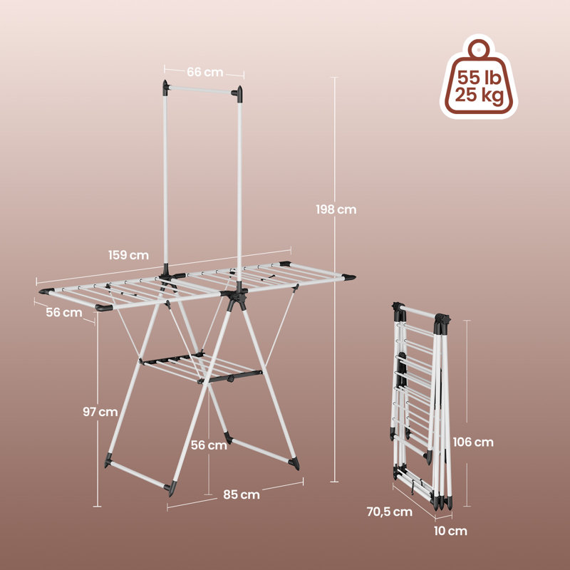 Clothes Drying Rack, Foldable 2-Level Laundry Drying Rack, Free-Standing Airer, Tall Hanging Bar, 2 Height-Adjustable Wings, 24 Drying Rails