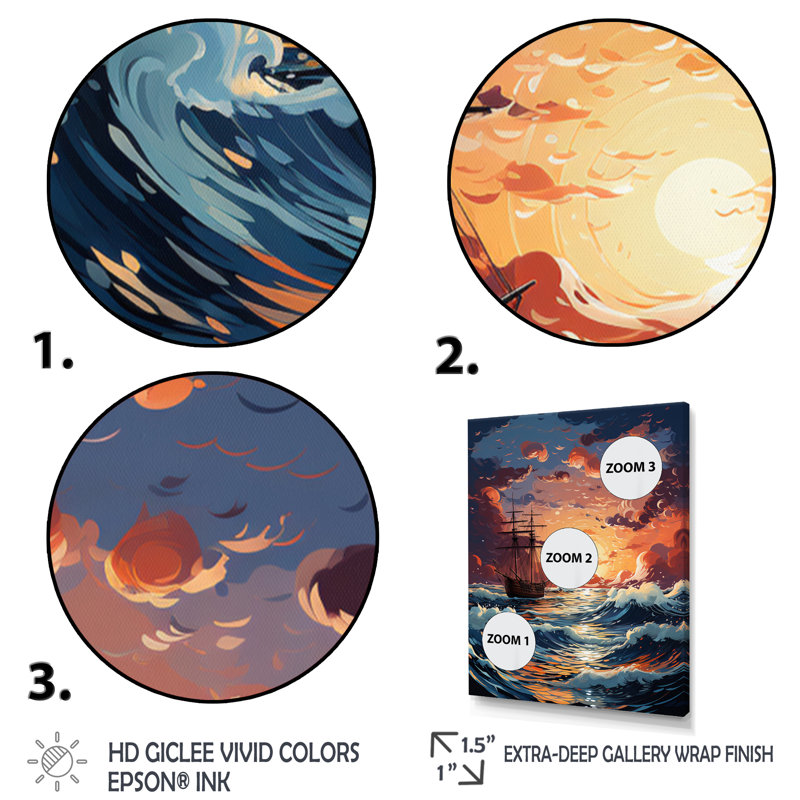 Orange Teal Boat Energetic Storm III - Nautical & Beach Wall Decor, H 20 po x l 12 po x P 1 po, Cadre flottant doré