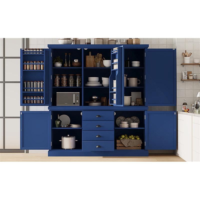Garde-manger autoportant en bois de 73 po avec tablettes réglables, tiroirs et armoires à portes pour un rangement organisé