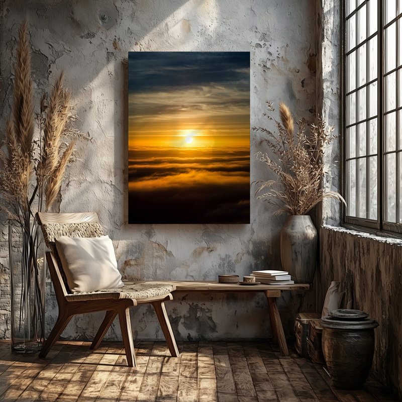 Toile, une scène de lever de soleil à couper le souffle avec un grand soleil incandescent partiellement, art mural obscurci par de doux nuages vaporeux