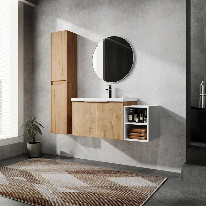 Wooden Frame Bathroom Vanity, Wall-Mounted Bathroom Storage Vanity With Sink And Side Cabinet