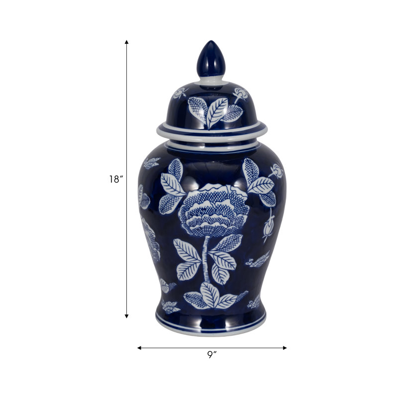 Chinoiserie Traditional Stoneware and Ceramic Lidded Jar with Decorative Motif and Classic Silhouette in Timeless Design for Display or Accent Placement in Living Spaces or Shelf Arrangements