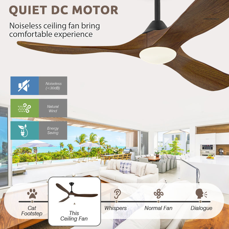 Ventilateur de plafond en bois massif 3 pales avec lumière DEL à intensité variable et télécommande, moteur à courant continu réversible