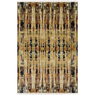 Tapis en soie noué à la main moutarde / orange brûlé / ivoire / rouge brique Daniella