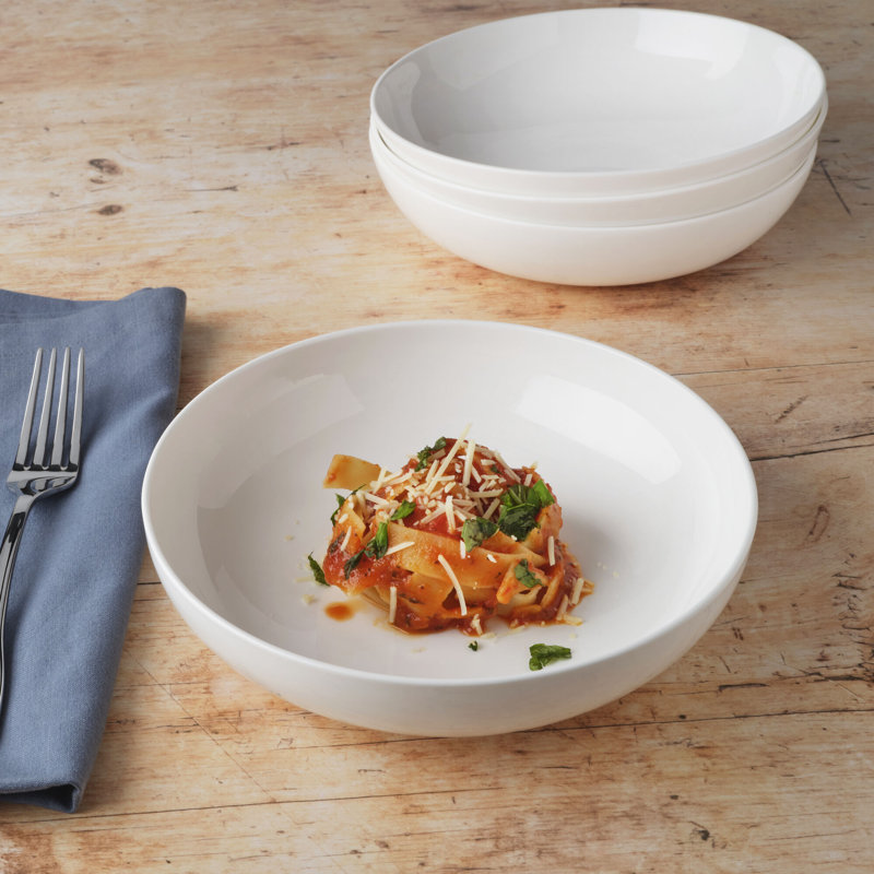 Minimalist White Ceramic Pasta and Salad Bowl Set of Four