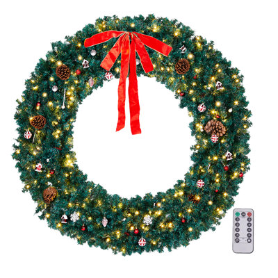 72 in. LED PVC Christmas Wreath with Red Bow and Ornaments