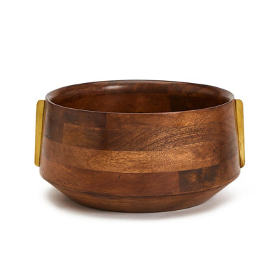 Mango Wood Serving Bowl with Brass Accents – 5"H Food-Safe Decorative Serving Bowl
