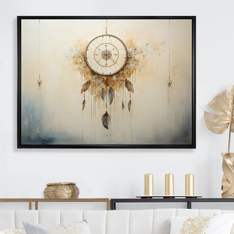 Capteur de rêves beige et gris sérénité, Cadre flottant noir, 12" H x 20" W