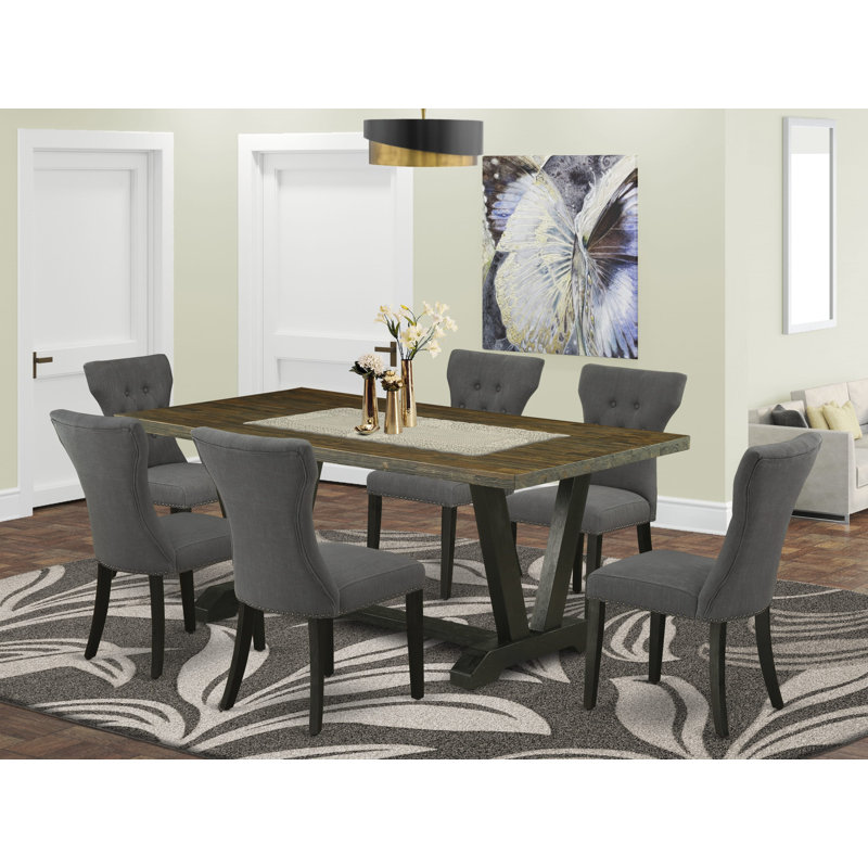 Ensemble de table de salle à manger 7 pièces avec un magnifique plateau de cuisine Jacobean patiné et 6 magnifiques chaises Parson de cuisine avec têtes de clou et finition capitonnée noire brossée.