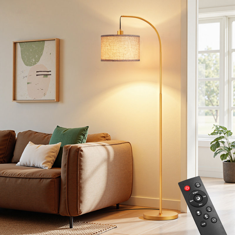 Lampe sur pied arquée 64 po avec télécommande 64 po, ampoule incluse, Doré