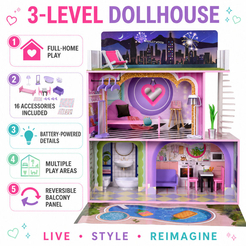 Teamson Kids Dreamland Sunset Wooden Dolls House with 3 Levels, Kitchen, Living Area, Bedroom, Bathroom and 16 Accessories
