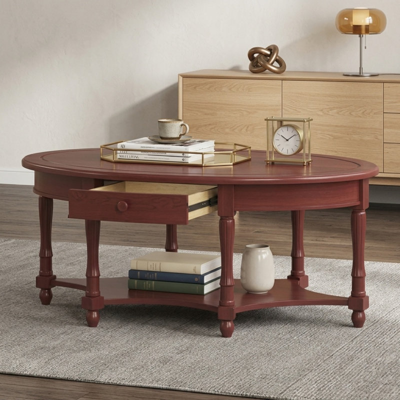 Table basse ovale vintage de 115 cm avec tiroir et étagère de rangement, style campagnard français, en bois de cerisier, idéale pour le salon.