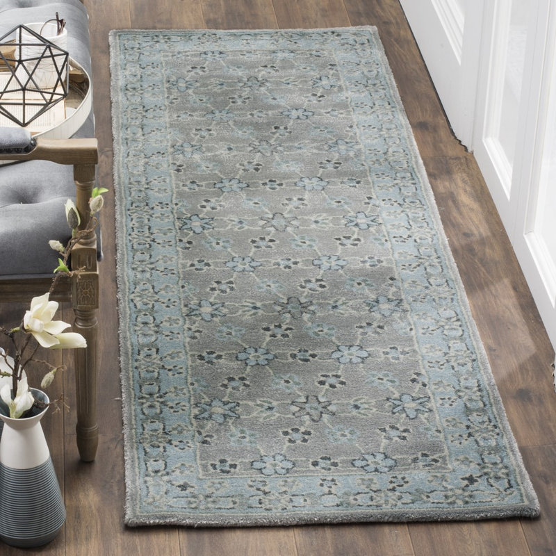 Tapis gris / bleu en laine / viscose / coton touffeté à la main Blassingame, Tapis de couloir 2 pi 3 po x 7 pi