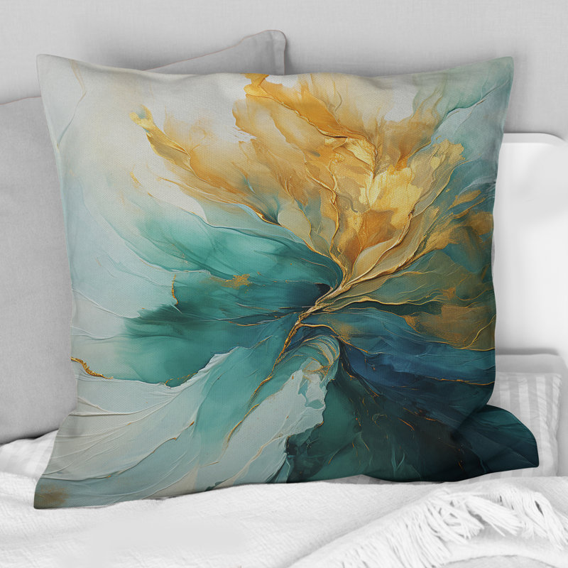 Gold And Teal Aurora Harmony - Abstract Spirals Printed Throw Pillow, 16" x 16"