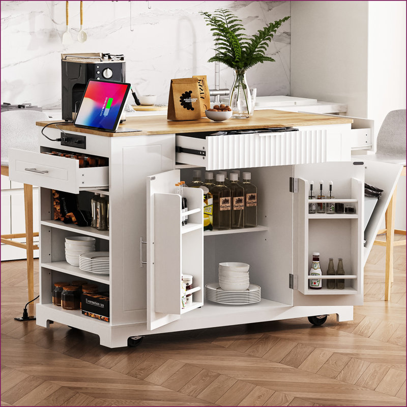 Kitchen Island with Trash Can Storage, Power Outlets &amp; Rolling Wheels – White MDF Rubber Wood | Modern | Medium (40-55in)