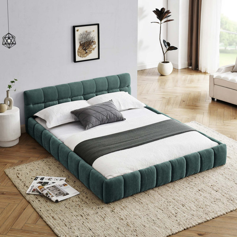 Structure de lit tapissier avec tissu épais, lit plateforme en chenille avec tête de lit et structure solide, aucun sommier nécessaire