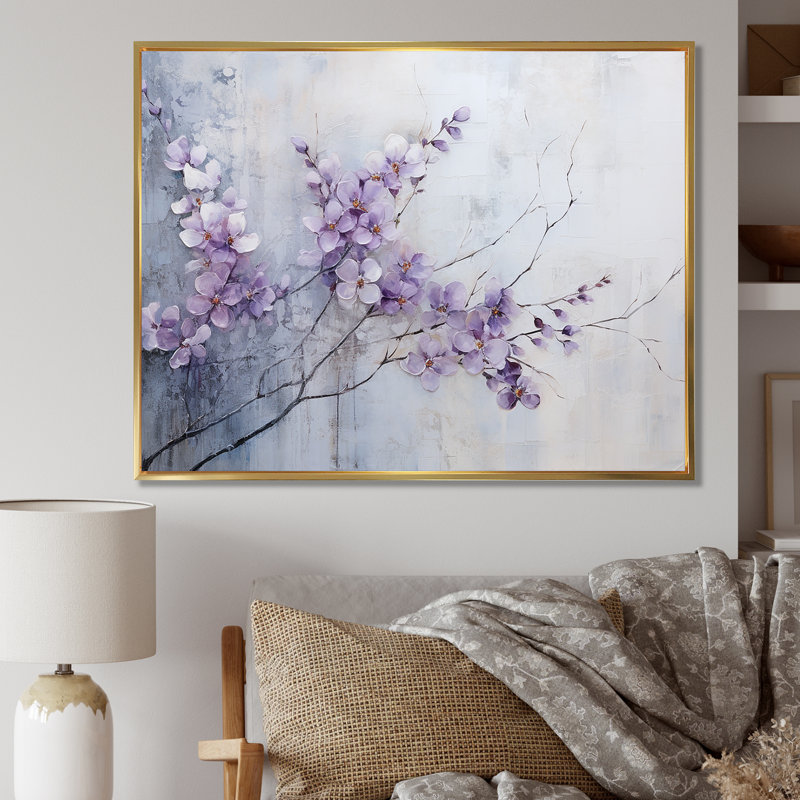 Art mural violet pour le salon, H 16 po x l 32 po x P 1 po, Cadre flottant doré