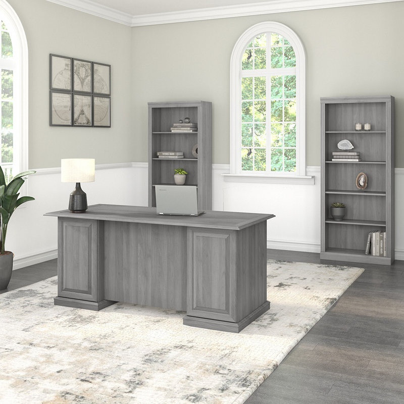 Raker 3 Piece Computer Desk Office Set with Bookcase, Modern Gray