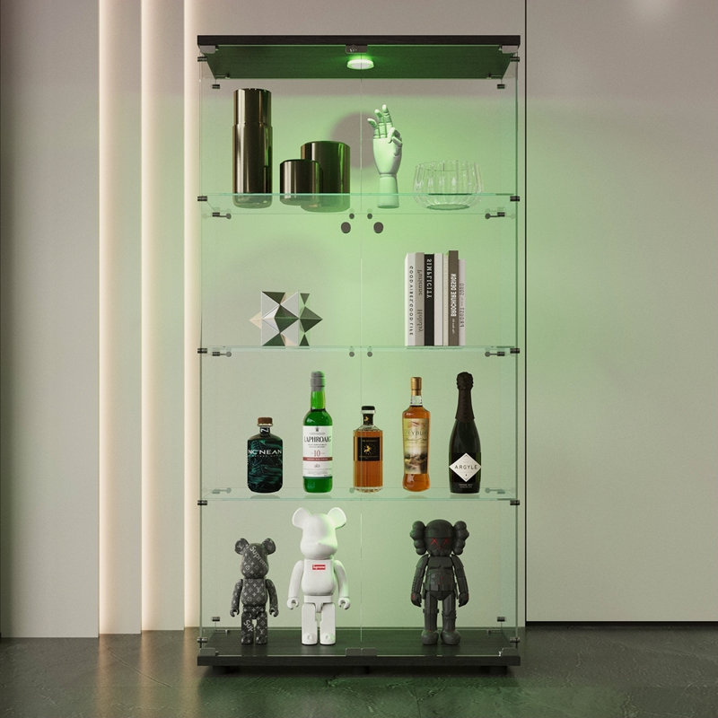 Two-Door LED Lights Glass Display Cabinet 4 Shelves With Door, Floor Standing Curio Bookshelf For Living Room Bedroom Office, 64.7"*31.7"*14.3",