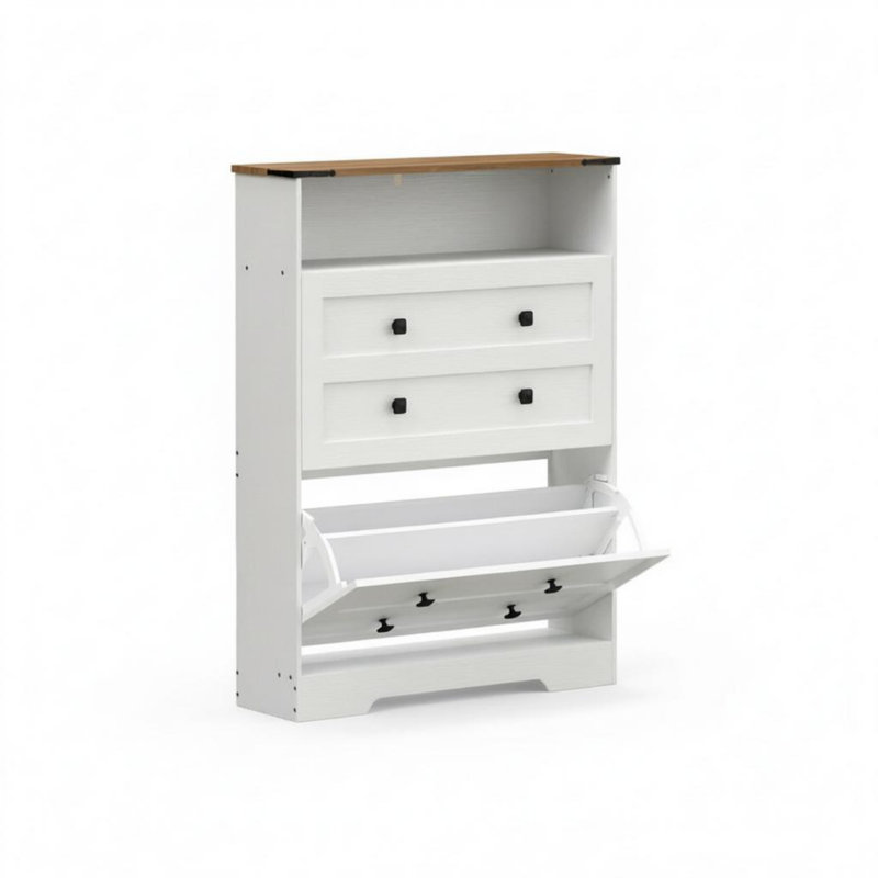 Mince range-chaussures escamotable pour le vestibule, organisateur de chaussures de ferme étroit à 2 tiroirs avec tablettes réglables, blanc et brun