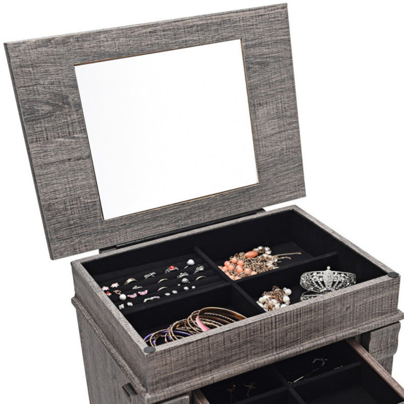 Armoire à bijoux debout avec 5 tiroirs et miroir rabattable