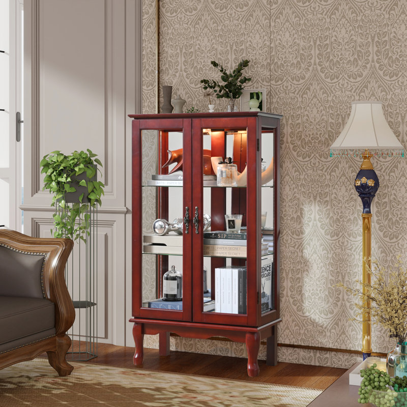 Curio Cabinet Lighted Curio Display Cabinet with Adjustable Shelves and Mirrored Back Panel, Tempered Glass Doors (3 Tier), (E26 light bulb not included)