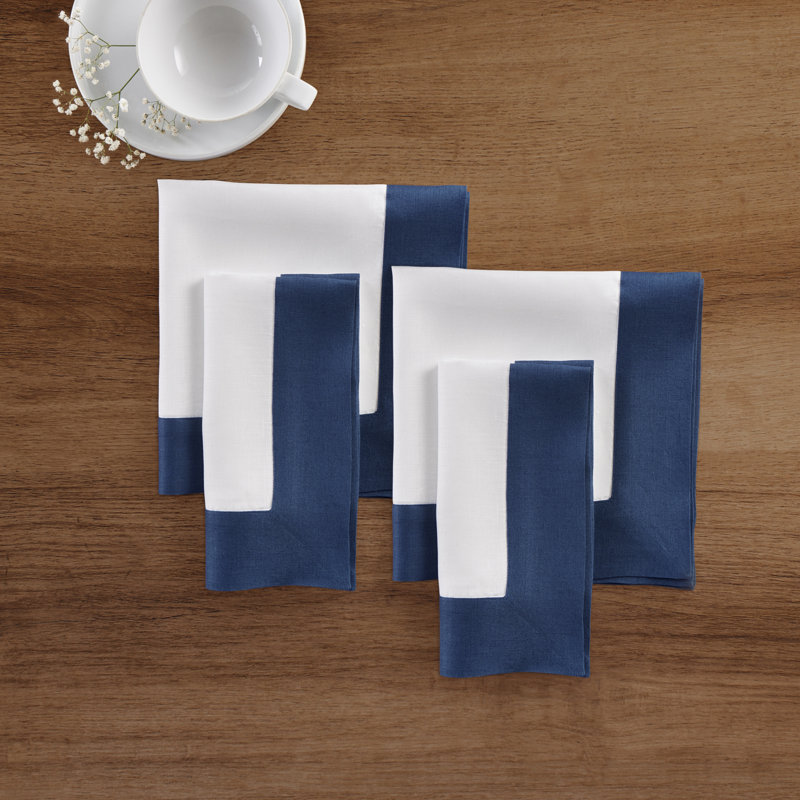 Contempo - 100% Pure Linen Dinner Napkins, Indigo Blue/White